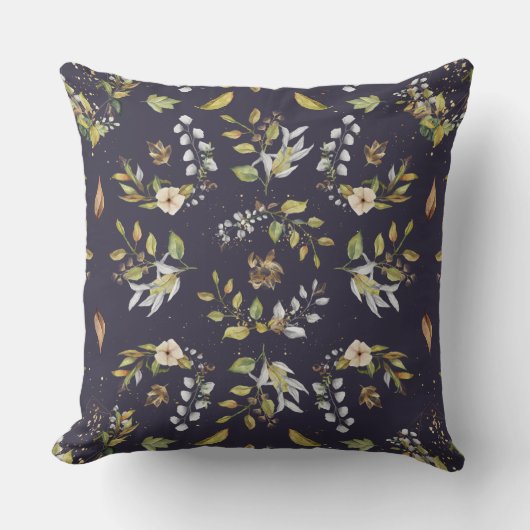 フラワー秋シームレスクリーム、セージ、ネイビーブルー クッション (正面)