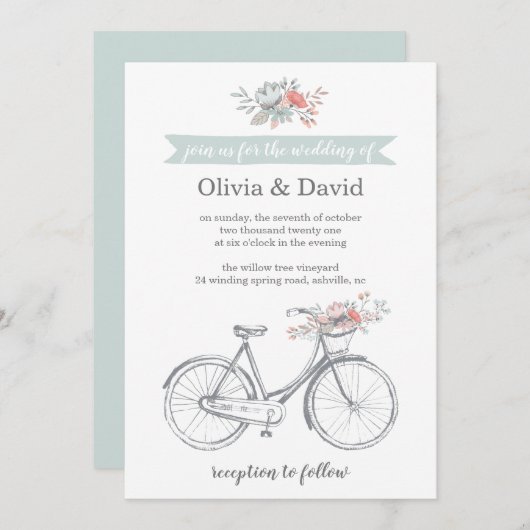 フラワー自転車ロマンチック春庭園の結婚式 招待状 (正面/裏面)