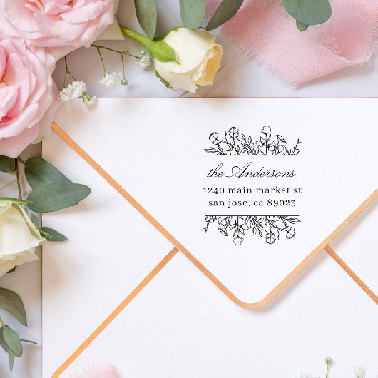 フラワー葉ズフレームファミリ名差出人住所 ラバースタンプ