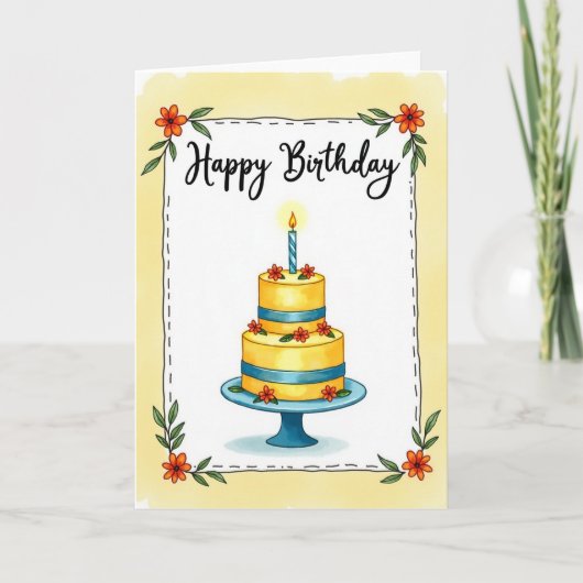 フラワー誕生日ケーキのイラストカード カード (正面)