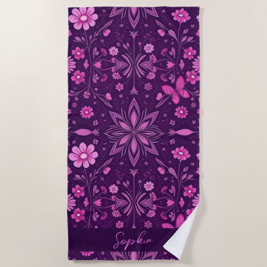 フラワー開花フェアリーコアパターン ビーチタオル (正面)