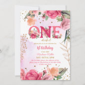 フラワー開花ベビーガール1st誕生日パーティー 招待状 (正面)