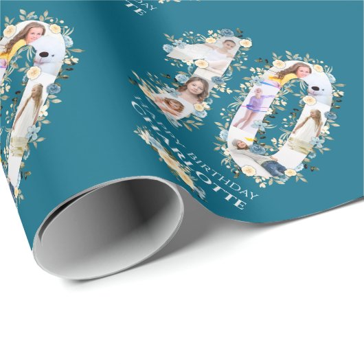 フラワー10誕生日ティール(緑がかった色)フォトコラージイエロー ラッピングペーパー (ロールコーナー)