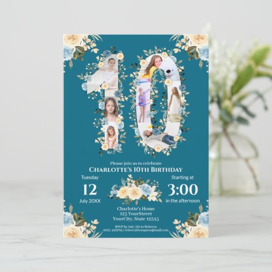 フラワー10誕生日ティール（緑がかった色）フォトコラージイエロー 招待状 (スタンド正面)