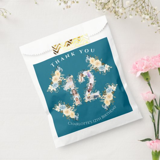 フラワー12誕生日ティール（緑がかった色）フォトコラージイエロー フェイバーバッグ (封をした状態)