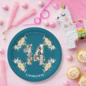 フラワー14誕生日ティール（緑がかった色）フォトコラージイエロー ペーパープレート (パーティー)