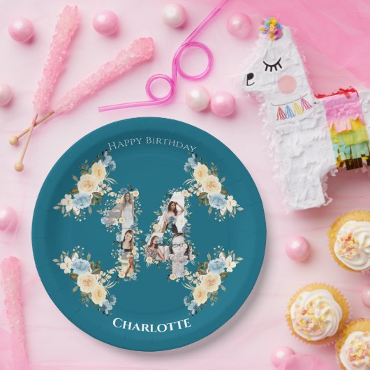 フラワー14誕生日ティール（緑がかった色）フォトコラージイエロー ペーパープレート (パーティー)