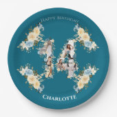 フラワー14誕生日ティール（緑がかった色）フォトコラージイエロー ペーパープレート (正面)