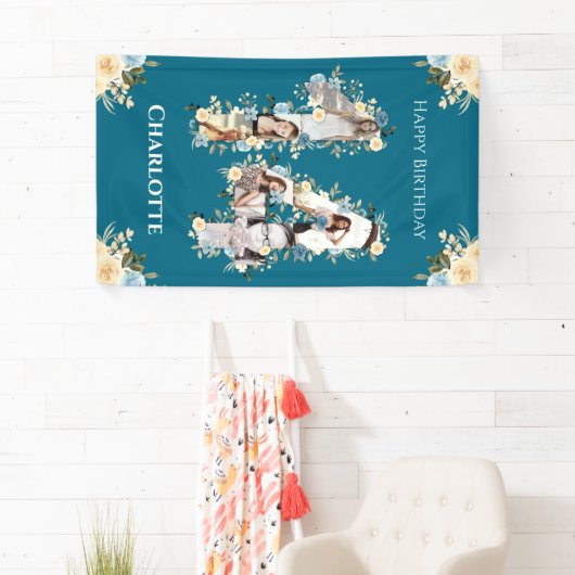 フラワー14誕生日ティール（緑がかった色）フォトコラージイエロー 横断幕 (インサイチュ)