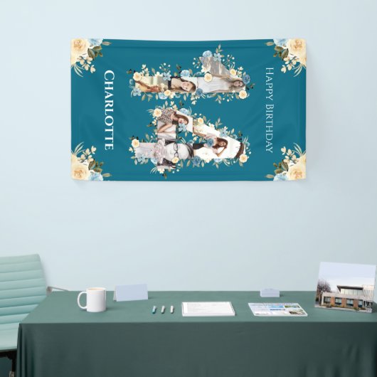 フラワー14誕生日ティール（緑がかった色）フォトコラージイエロー 横断幕 (トレードショー)