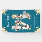 フラワー14誕生日ティール(緑がかった色)フォトコラージイエロー 横断幕 (横)