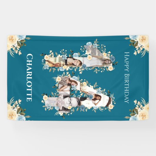 フラワー14誕生日ティール（緑がかった色）フォトコラージイエロー 横断幕 (横)