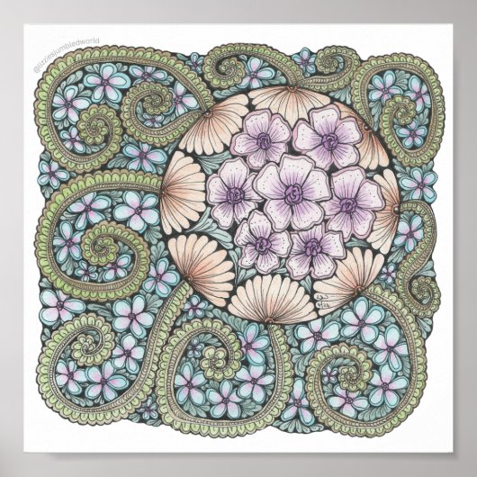 フラワー2ドードルプリント8x8インチ ポスター (正面)