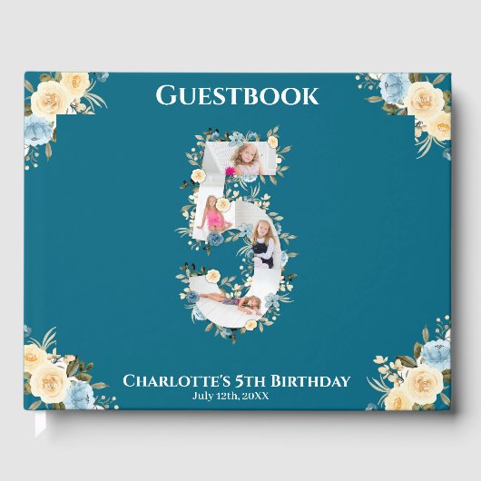 フラワー5誕生日ティール（緑がかった色）フォトコラージブルーイエロー ゲストブック (正面)