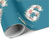 フラワー6th誕生日ティール(緑がかった色)フォトコラージブルーイエロー ラッピングペーパー (ロールコーナー)