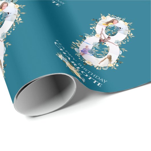 フラワー8誕生日ティール(緑がかった色)フォトコラージブルーイエロー ラッピングペーパー (ロールコーナー)