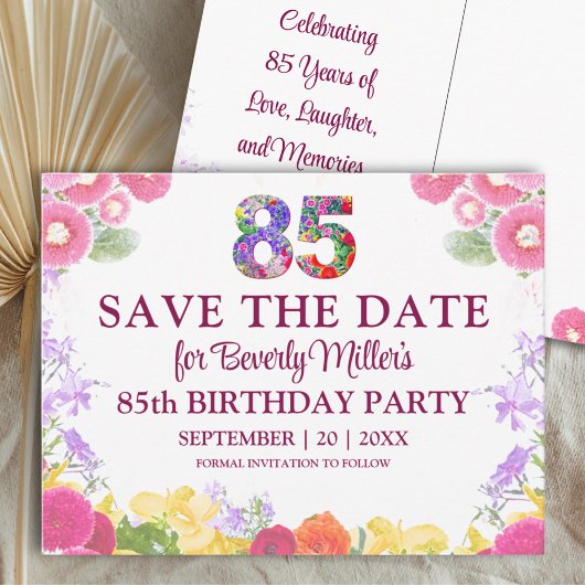 フラワー85歳の誕生日Save The Date エレガント 案内ポストカード