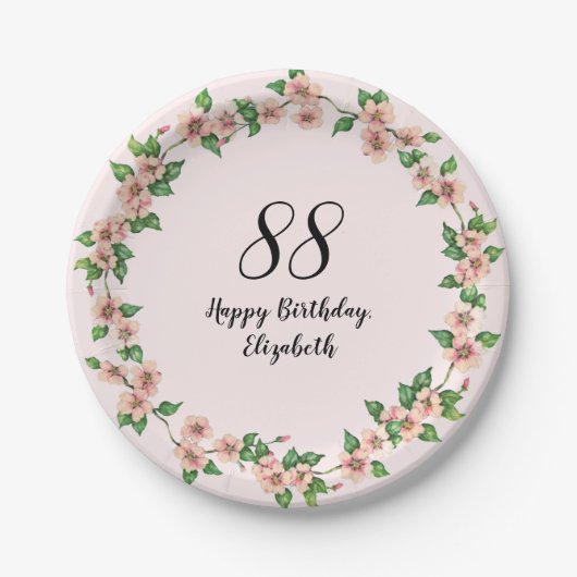 フラワー88歳の誕生日 可愛いく淡いピンク ペーパープレート (正面)