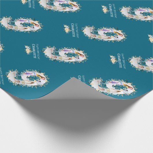 フラワー9誕生日ティール(緑がかった色)フォトコラージブルーイエロー ラッピングペーパー (角)