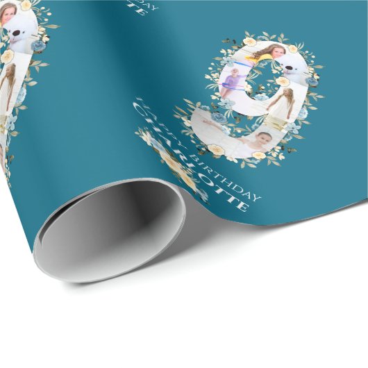 フラワー9誕生日ティール(緑がかった色)フォトコラージブルーイエロー ラッピングペーパー (ロールコーナー)