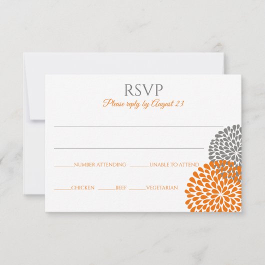 フラワー ウェディング RSVP カード / ポストカード (オレンジ & グレー) (正面)