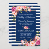 フラワー ウォーターカラー ピンク ブルー ストライプ 結婚式 WS 招待状 (正面/裏面)