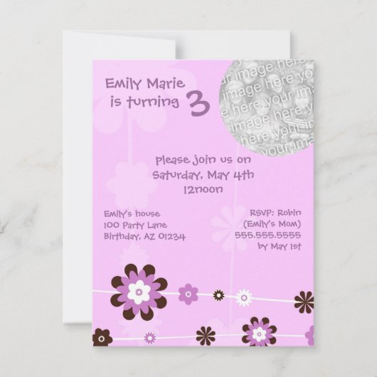 フラワー・ガールのBrithdayの紫色のパーティの招待状 招待状 (正面)