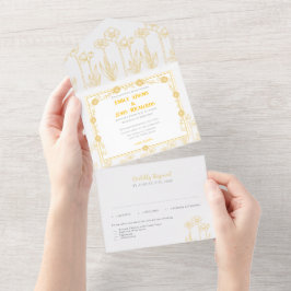 フラワー ゴールドイエローとホワイトの結婚式 オールインワン招待状