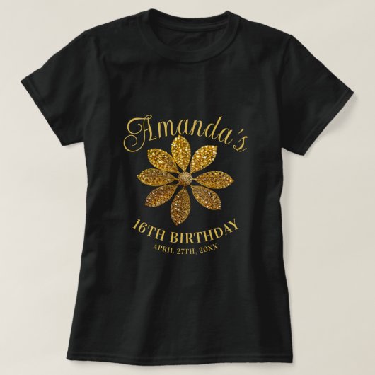 フラワー ゴールド ギター 花 スイート16 誕生日 Tシャツ (デザイン正面)