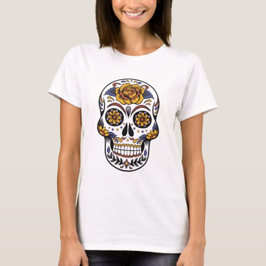 "フラワー・シュガー・スカル - メキシコの死者の日アート" Tシャツ (正面)