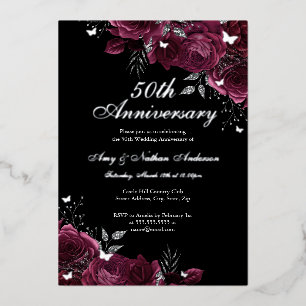 フラワー シルバー ブルゴーニュ 50周年 記念 結婚記念日 箔招待状
