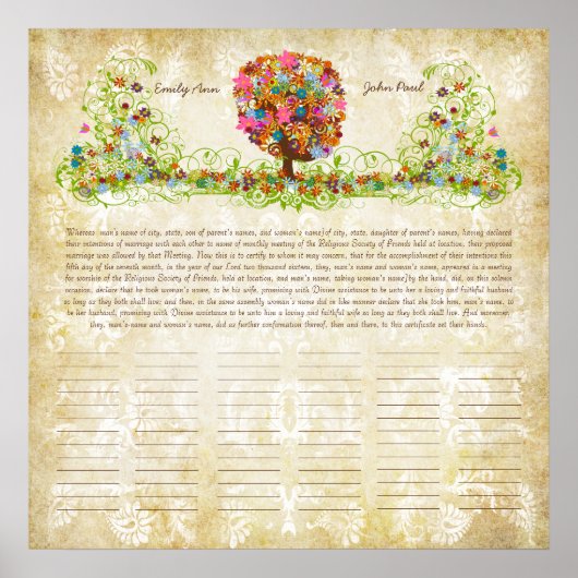 フラワー ツリー プリント クエーカー 結婚証明書 (正面)