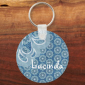 フラワー&デニム色あせたアクア名キーチェーン キーホルダー (正面)
