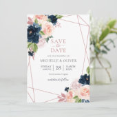 フラワー ネイビーとサーモンピンクの幾何学模様の結婚式日程お知らせ 招待状 (スタンド正面)