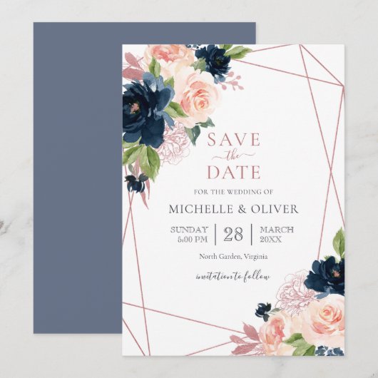 フラワー ネイビーとサーモンピンクの幾何学模様の結婚式日程お知らせ 招待状 (正面/裏面)