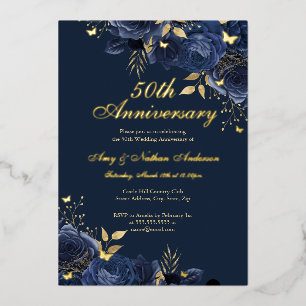 フラワー ネイビー ゴールド 50周年 結婚記念日 箔招待状