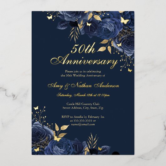 フラワー ネイビー ゴールド 50周年 結婚記念日 箔招待状 (正面)
