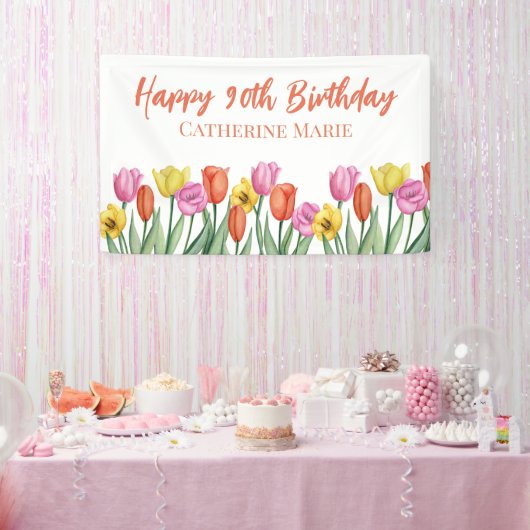 フラワー ハッピー 90歳の誕生日 横断幕 (パーティー)