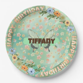 フラワー&バタフライ誕生日プレート ペーパープレート