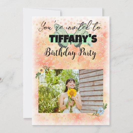 フラワー&バタフライ誕生日招待状 招待状 (正面)