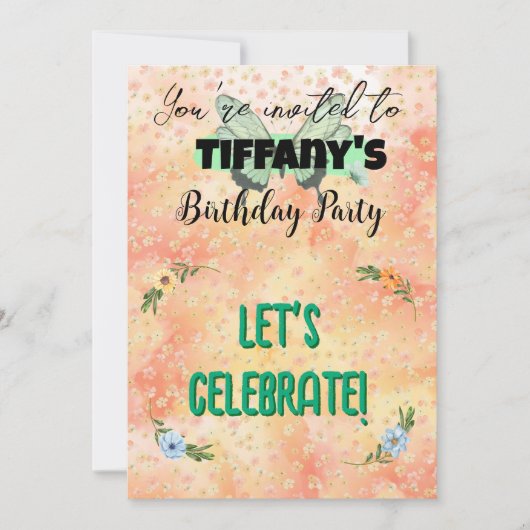 フラワー&バタフライ誕生日招待状 招待状 (正面)