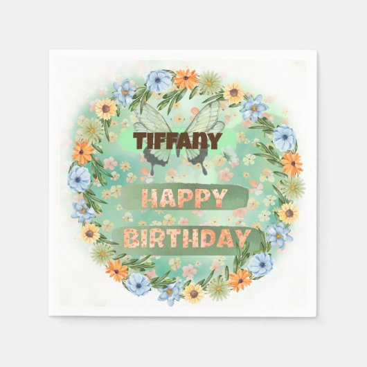 フラワー&バタフライ誕生日 スタンダードカクテルナプキン (正面)