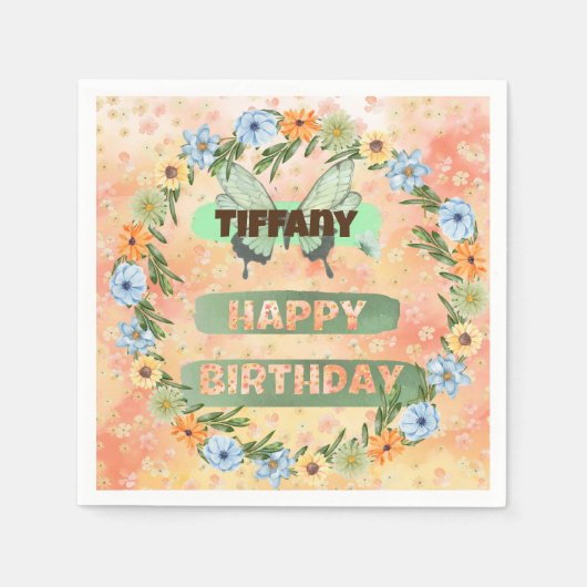 フラワー&バタフライ誕生日 スタンダードカクテルナプキン (正面)