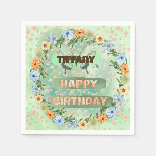フラワー&バタフライ誕生日 スタンダードカクテルナプキン (正面)