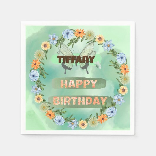 フラワー&バタフライ誕生日 スタンダードカクテルナプキン (正面)