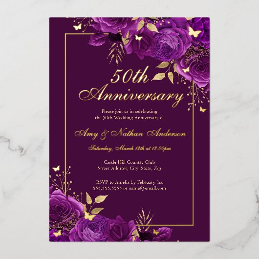 フラワー・バタフライ・パープル 50周年記念結婚式 箔招待状 (正面)