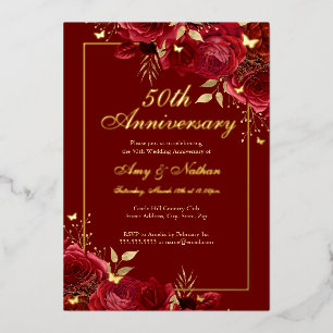 フラワー・バタフライ・レッド 50周年記念結婚式 箔招待状