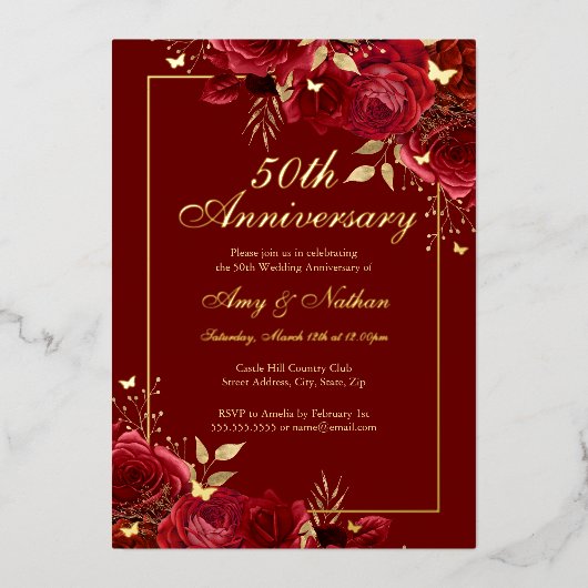 フラワー・バタフライ・レッド 50周年記念結婚式 箔招待状 (正面)