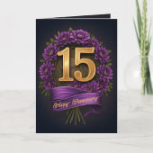 フラワー・パープルとゴールドの結婚15周年記念 カード (正面)