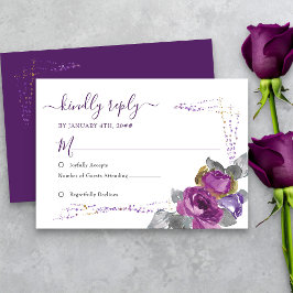 フラワー・パープル&ゴールドのコンフェッティシンプル結婚式RSVP 出欠カード